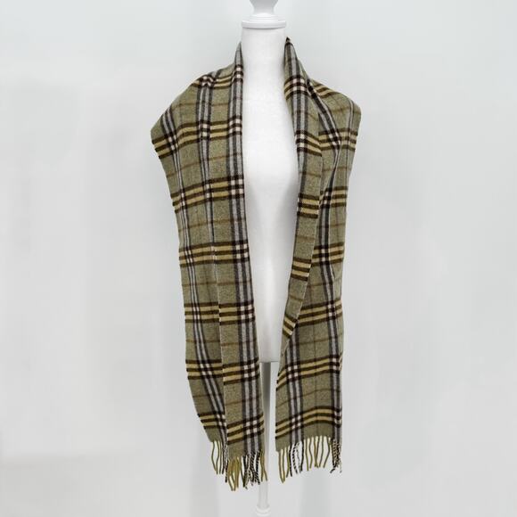 Burberry Scarf Lambswool Nova Check Plaid Green Beige Winter Authentic Fringe - Picture 3 of 6